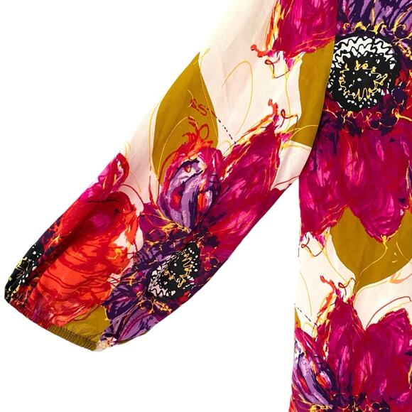 Trina Turk Silk V-Neck Bubble Sleeve Blouse Pink Cream Floral size small - Picture 4 of 7